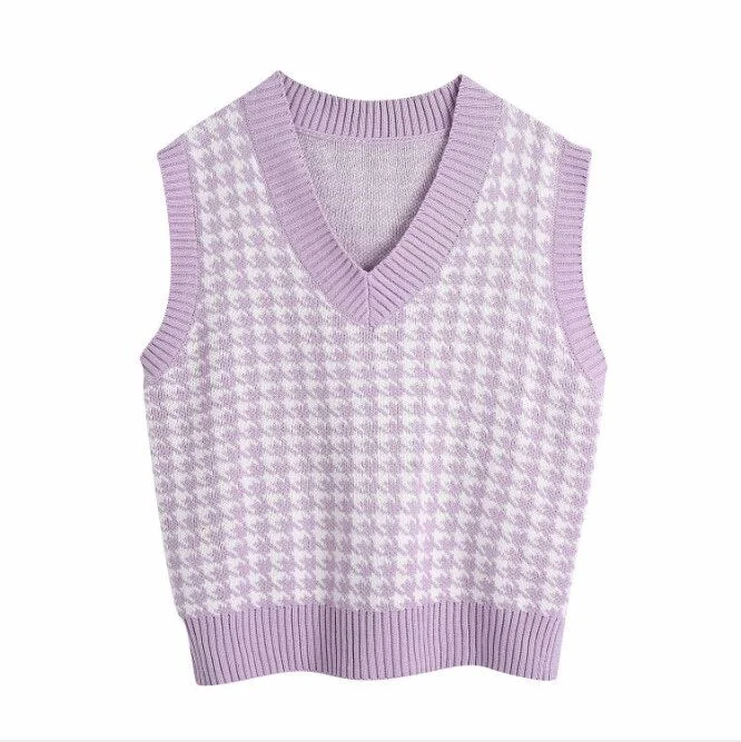 Women Sweater Vest 2020 Autumn Knitted Houndstooth V-Neck Pullover Fashion Oversized Sleeveless Female Waistcoat Jumper Tops