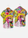 Psychedelic Colorful Vacation Rock Flamingo Printing Hawaiian Short Sleeve Shirt