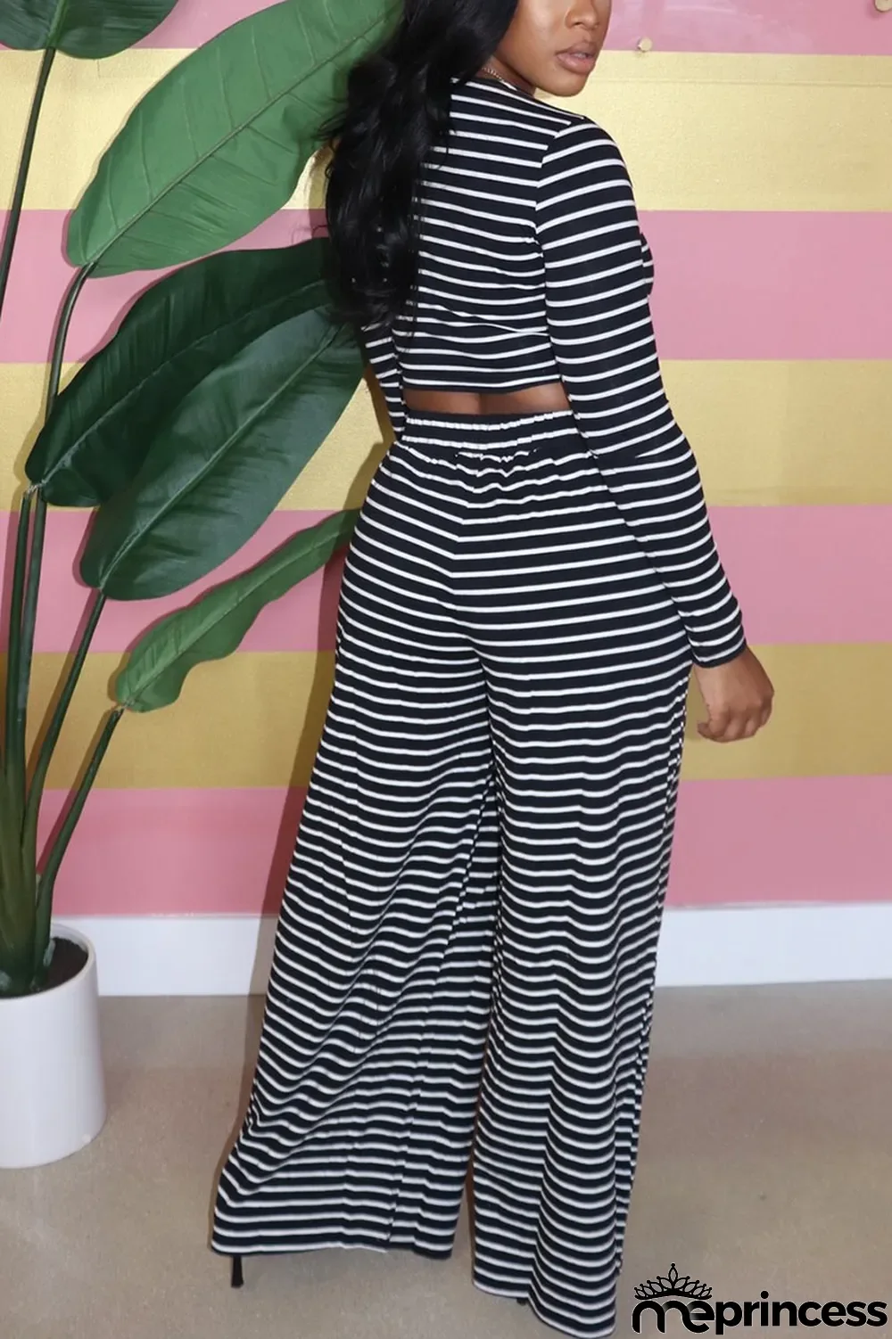 Coffee Casual Polyester Cotton Blends Striped Print Pullovers Pants O Neck Long Sleeve Regular Sleeve Short Two Pieces