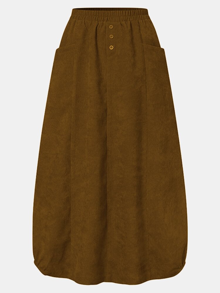 Corduroy Solid Color Elastic Waist Pocket Casual Skirt For Women