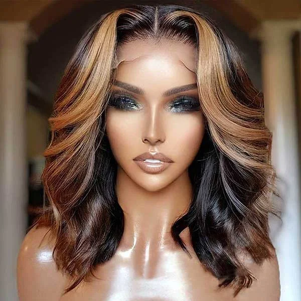 Junoda Highlight Body Wave Human Hair Wavy Short Bob Wigs Honey Blonde Brown Balayage Color