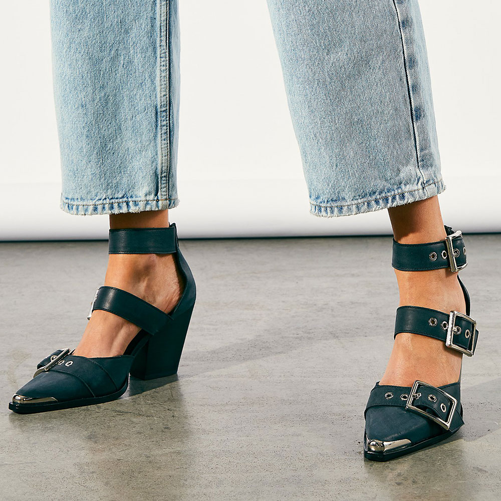 Green Pointed Toe Block Heel Buckled Strappy Pumps for Women Nicepairs
