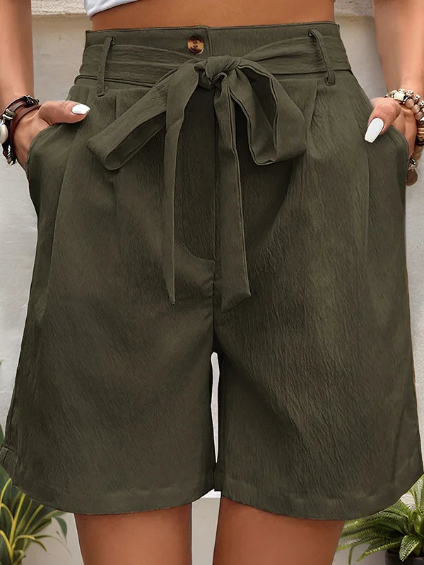 Buttoned Elasticity Pleated Pockets Tied Waist High Waisted Loose Shorts Bottoms