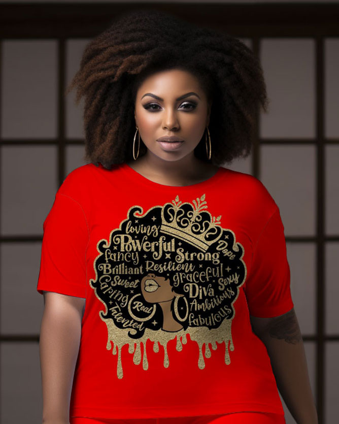 Women's Big & Tall Retro Casual Afro Queen Graffiti Short Sleeve Shorts Set
