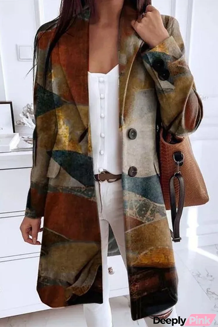 Casual College Geometric Printing Turn-back Collar Outerwear