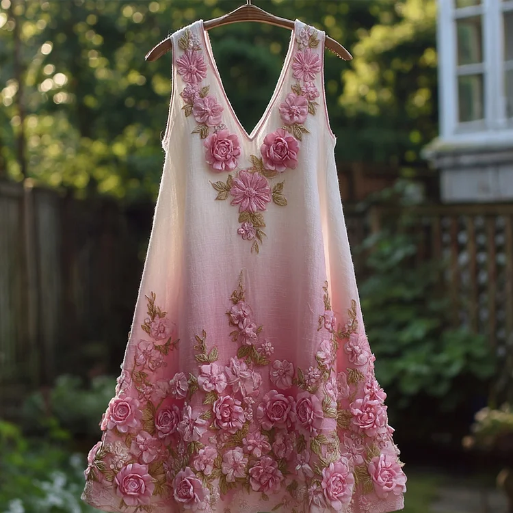 VChics Vintage Pink Floral Embroidered Gradient Linen Mini Dress