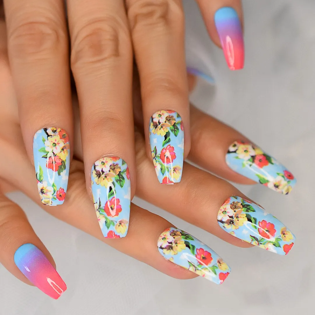 Medium Coffin Rainbow Nails Colorful Neon Mixed Gel Tips Decoration Nails False Hand Dummy Stick On Nails Full Cover Nails IMABC-Nail Inspo