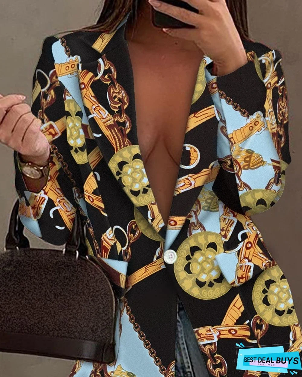 Chain Scarf Print Lapel Collar Single Button Blazer
