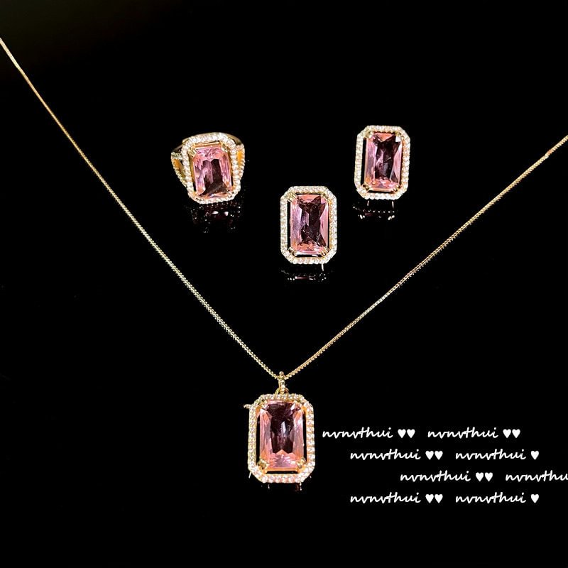 Princess - Pink Baguette Diamond Necklace/Earrings/Ring