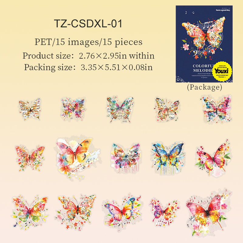 PET Sticker - Colorful Melodies Series Vintage Butterfly Music Smudge 