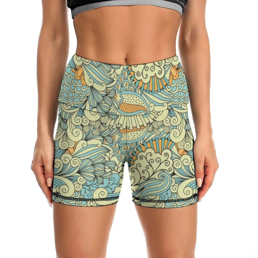 Light Colors Ethnic Decorative Yoga Shorts Women's Short Yoga High Waist Workout Running Sports Shorts 4"