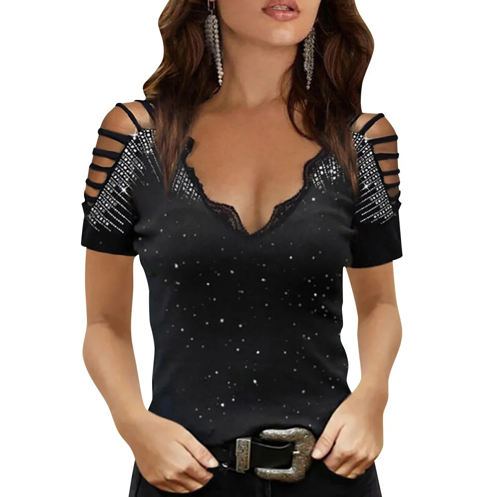 Harajuku Slim Short-Sleeve V-Neck Tops Hollow Out Sequin T-Shirt Women Casual Fashion  Summer Elastic Tee Female Clothes D30