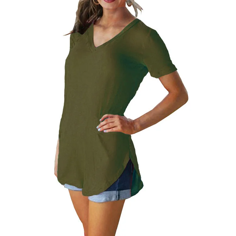 V-neck short-sleeved loose T-shirt hem large size solid color top women socialshop