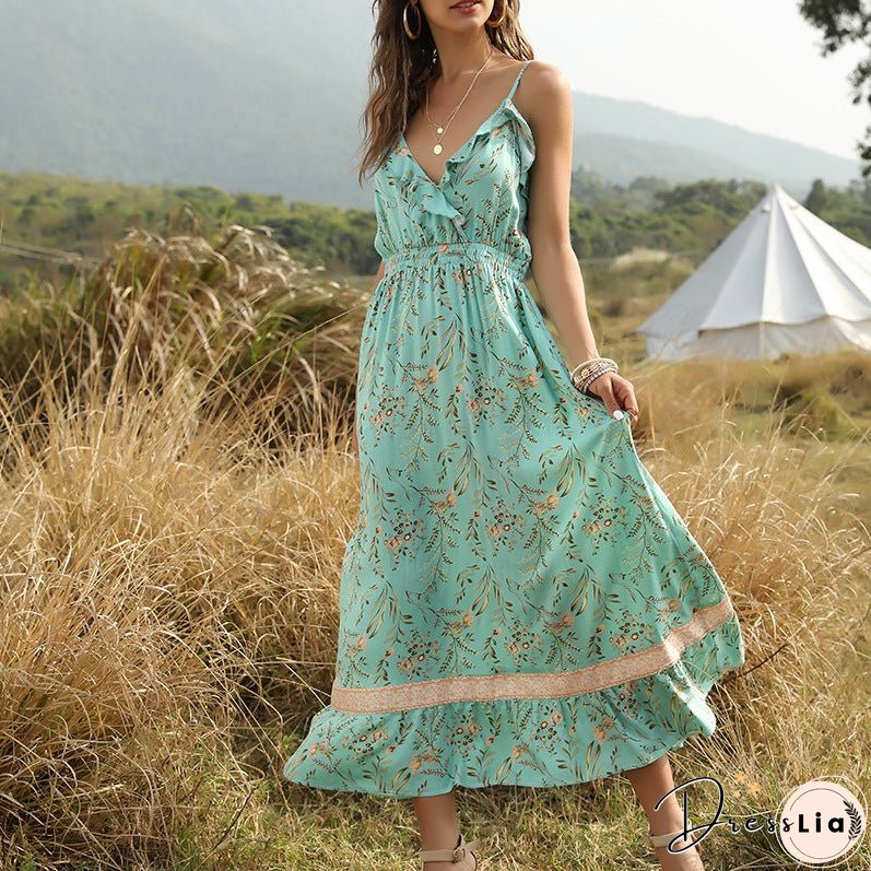 Bohemian Wind Printed Flounced V-neck Suspender Dress