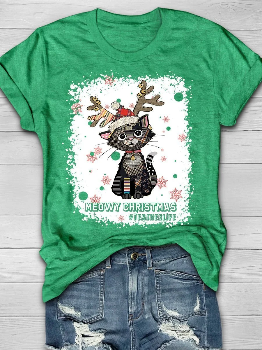 Meowy Christmas Cat Teacherlife Print Short Sleeve T-shirt