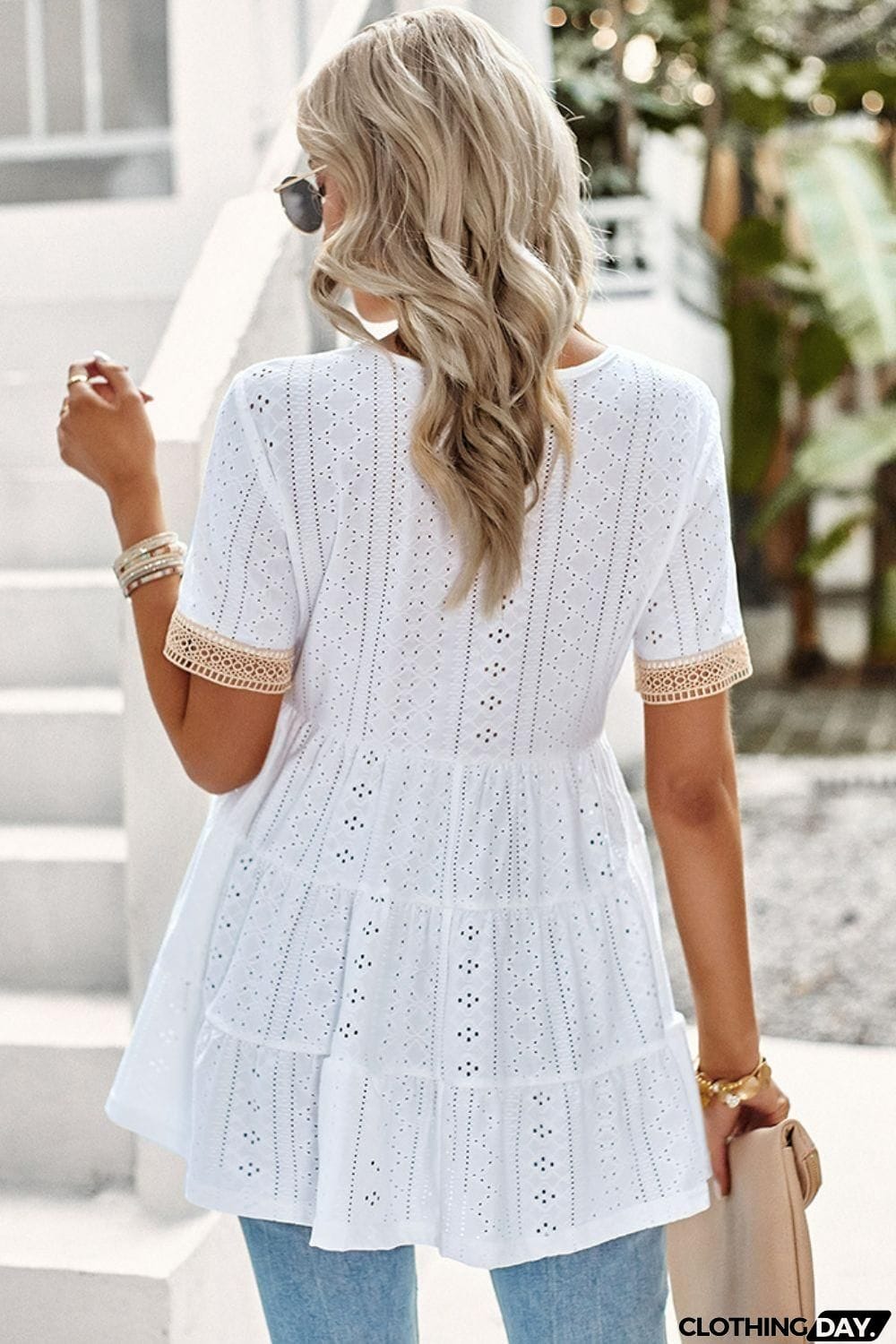 Contrast Short Sleeve Tiered Blouse