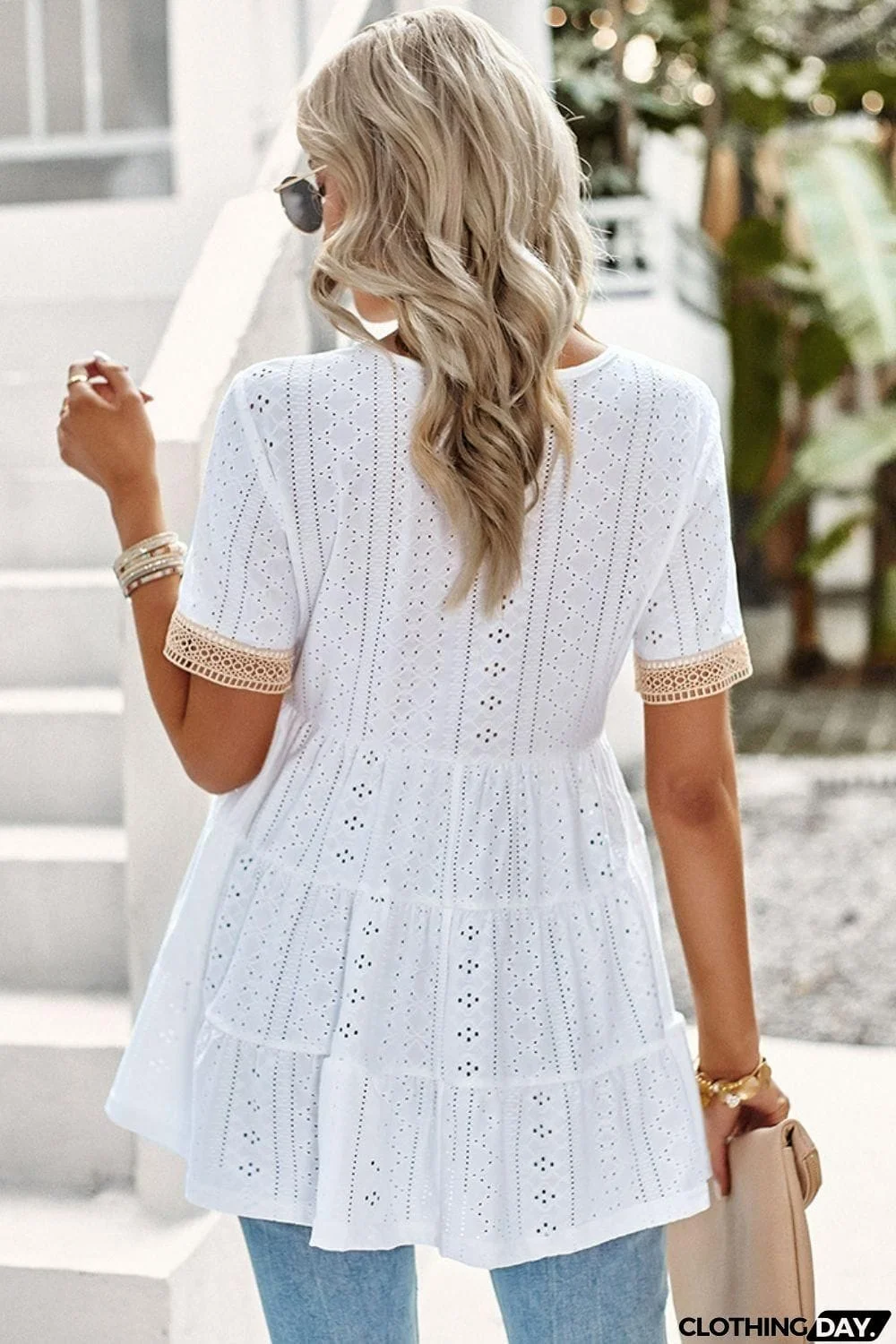 Contrast Short Sleeve Tiered Blouse