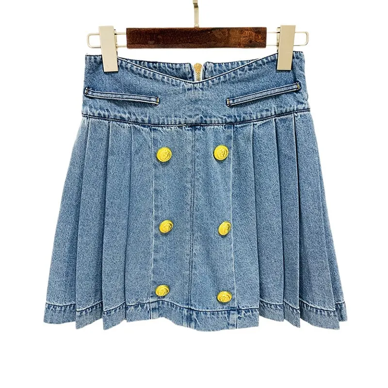 Nigikala Nigikala New Star Fashion Double-Dbuttoned Lion Buckle Folding Folded Denim Half Skirt Skirt