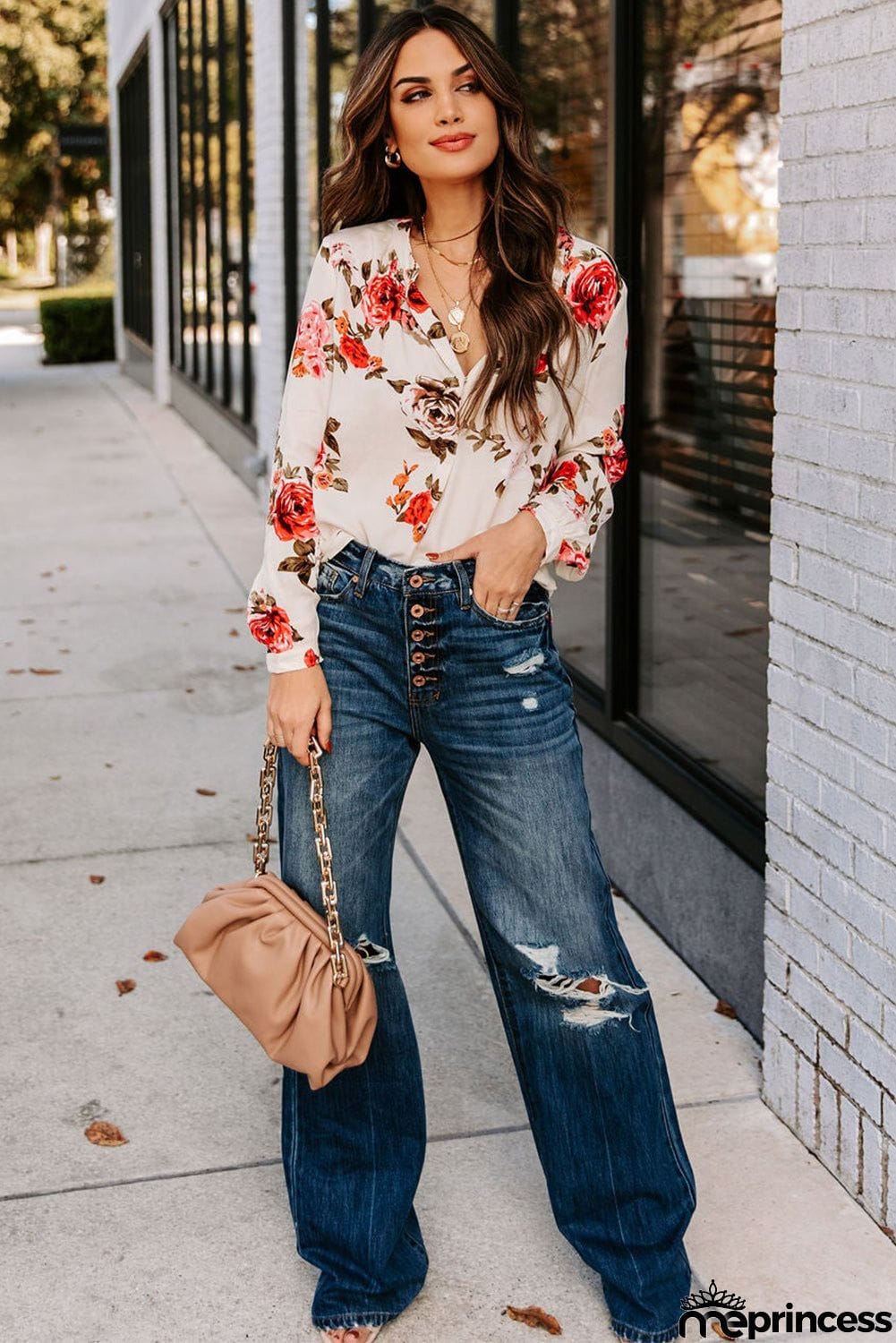 Beige Floral Print V Neck Button Down Blouse