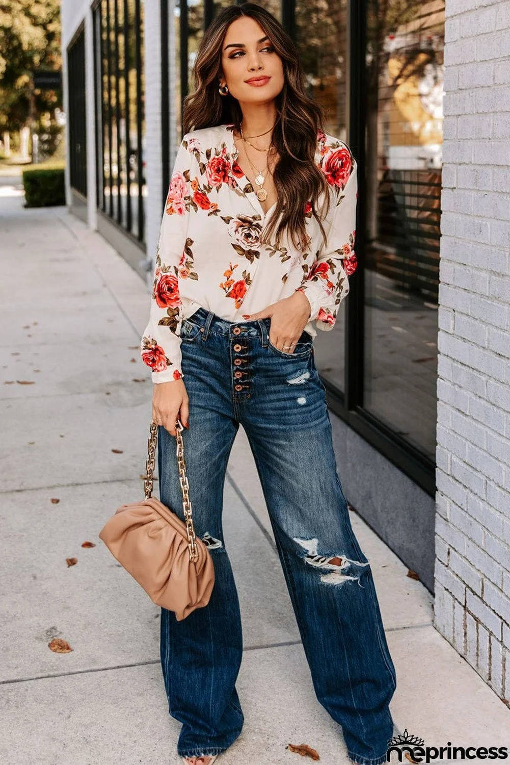 Beige Floral Print V Neck Button Down Blouse