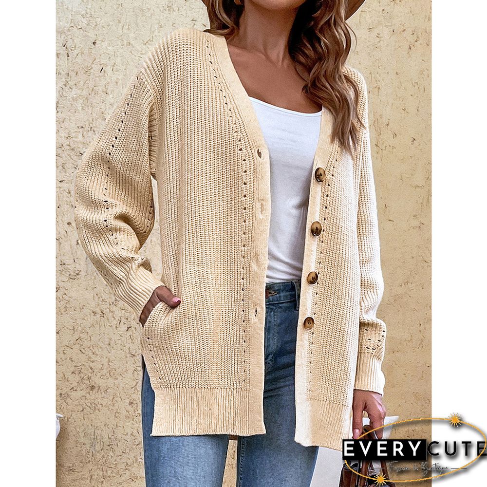Khaki Hollow-out Button Split Cardigan