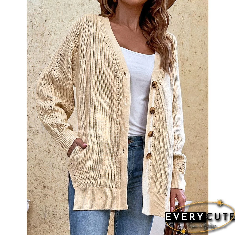 Khaki Hollow-out Button Split Cardigan