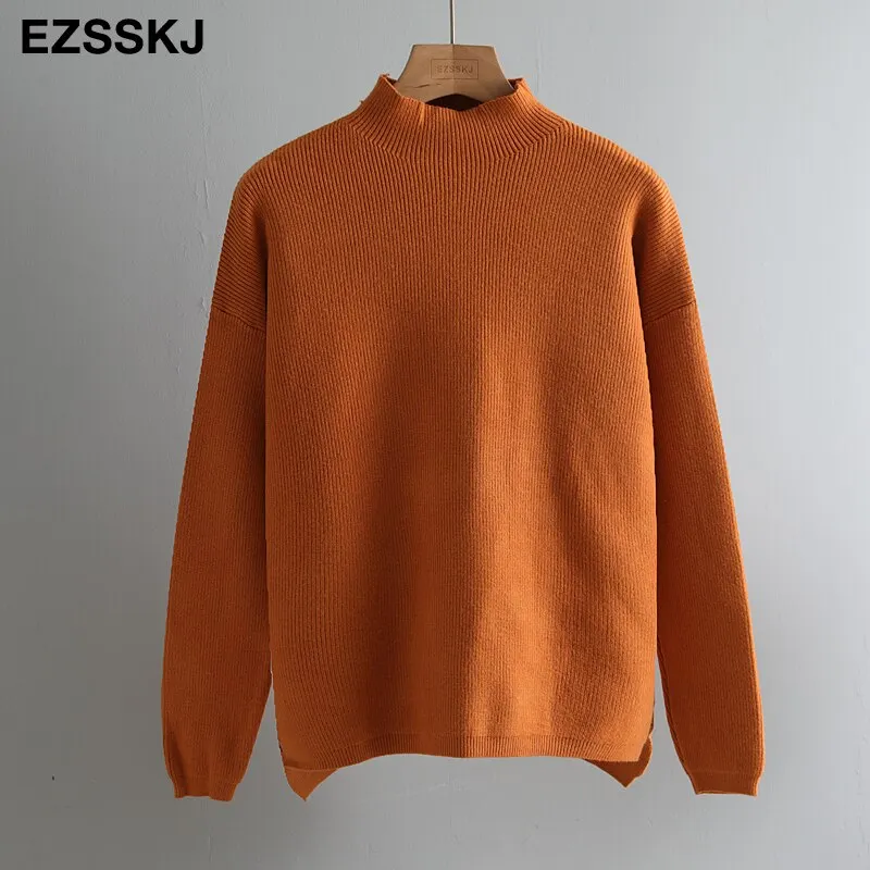 Korean Style Loose Sweater Women Pullover Casual Half Turtleneck Long Sleeve Oversized Knit Sweater Female Jumpers Split solid