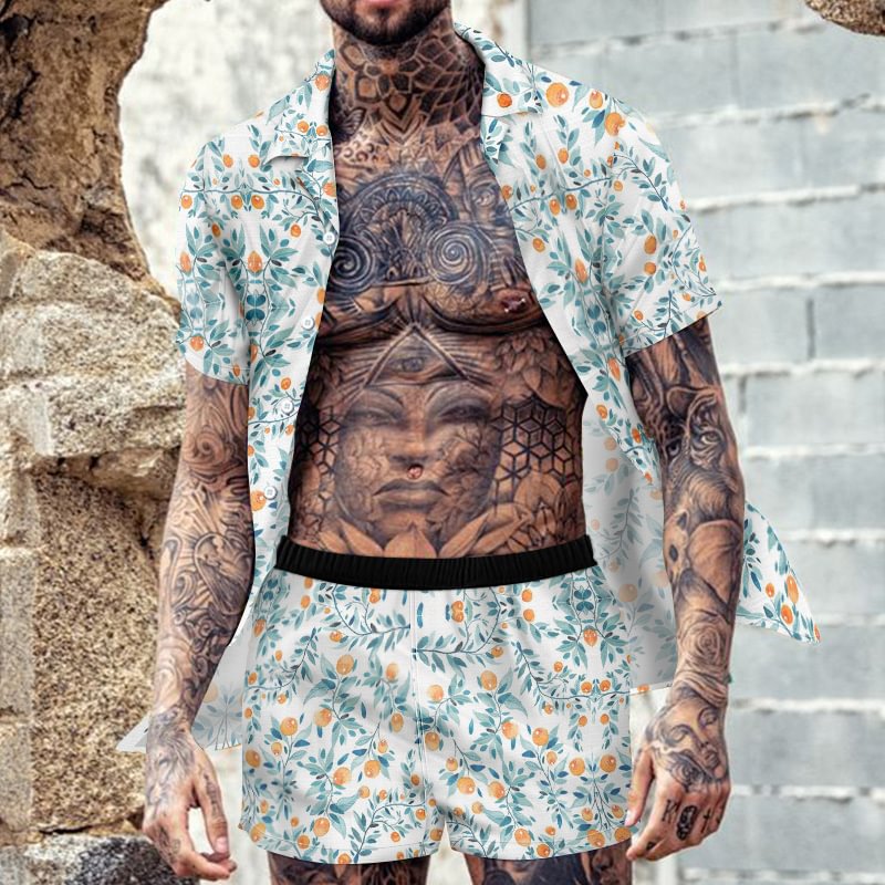 Men's Vintage Fall Leaves Print Shirt Two Piece