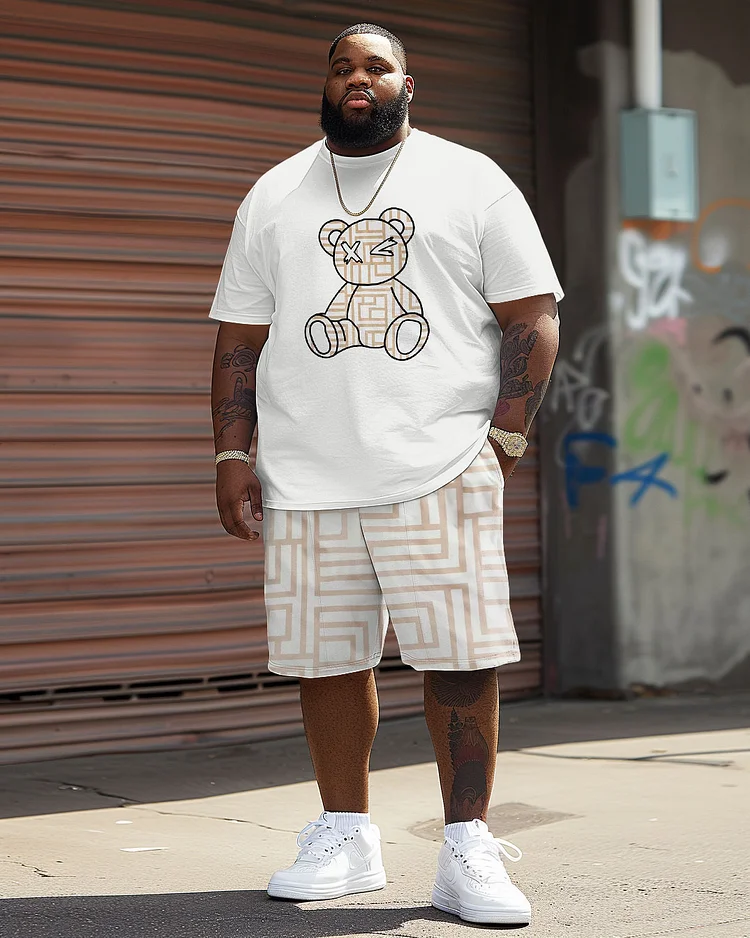 Men's Plus Size Casual Geometric Bear Print T-Shirt Shorts Suit