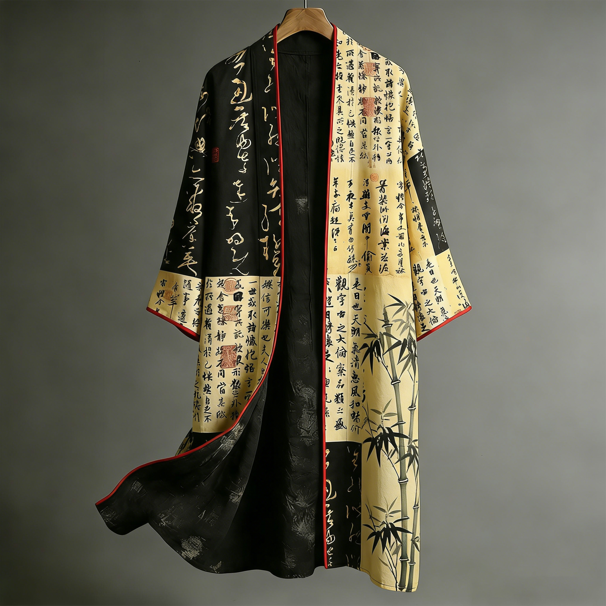 Retro Bamboo With Calligraphy Pattern Contrast Color Design Casual Kimono  artssus