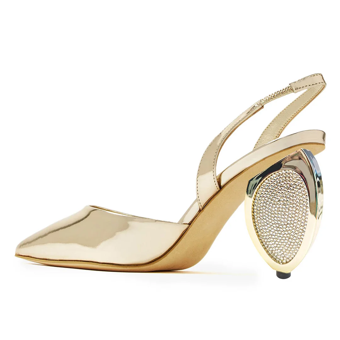 Special Rhinestone Pointed Toe Decorative Heel Slingback Gold Pumps