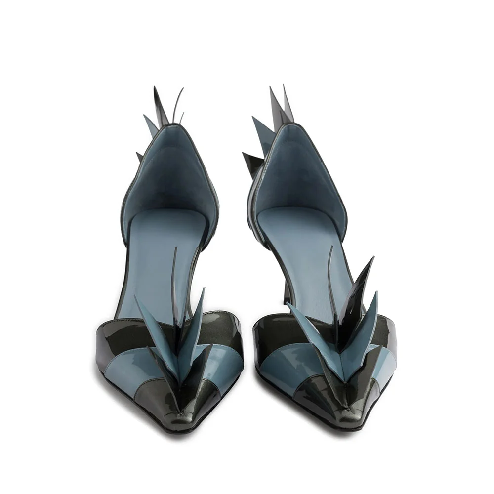 Black & Blue Pointed Toe Flared Heel Wing D'Orsay Pumps for Women