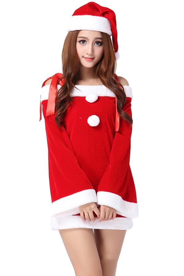 Cute Girl Bowknot Straps Long Bell Sleeve Christmas Santa Costume Red-elleschic