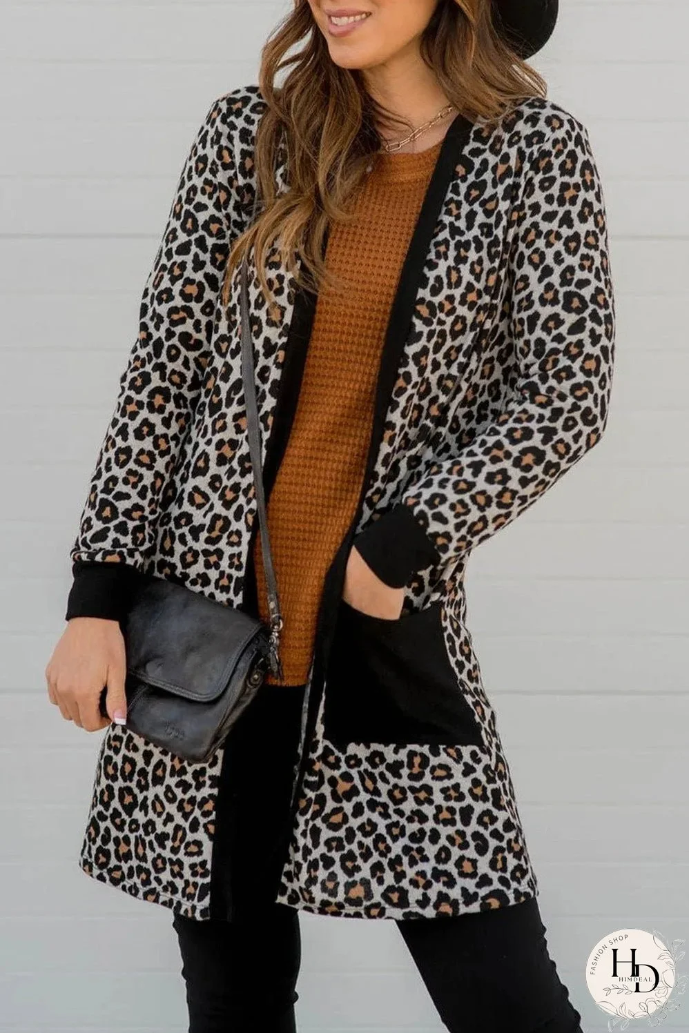 Black Leopard Patched Pocket Open Front Cardigan