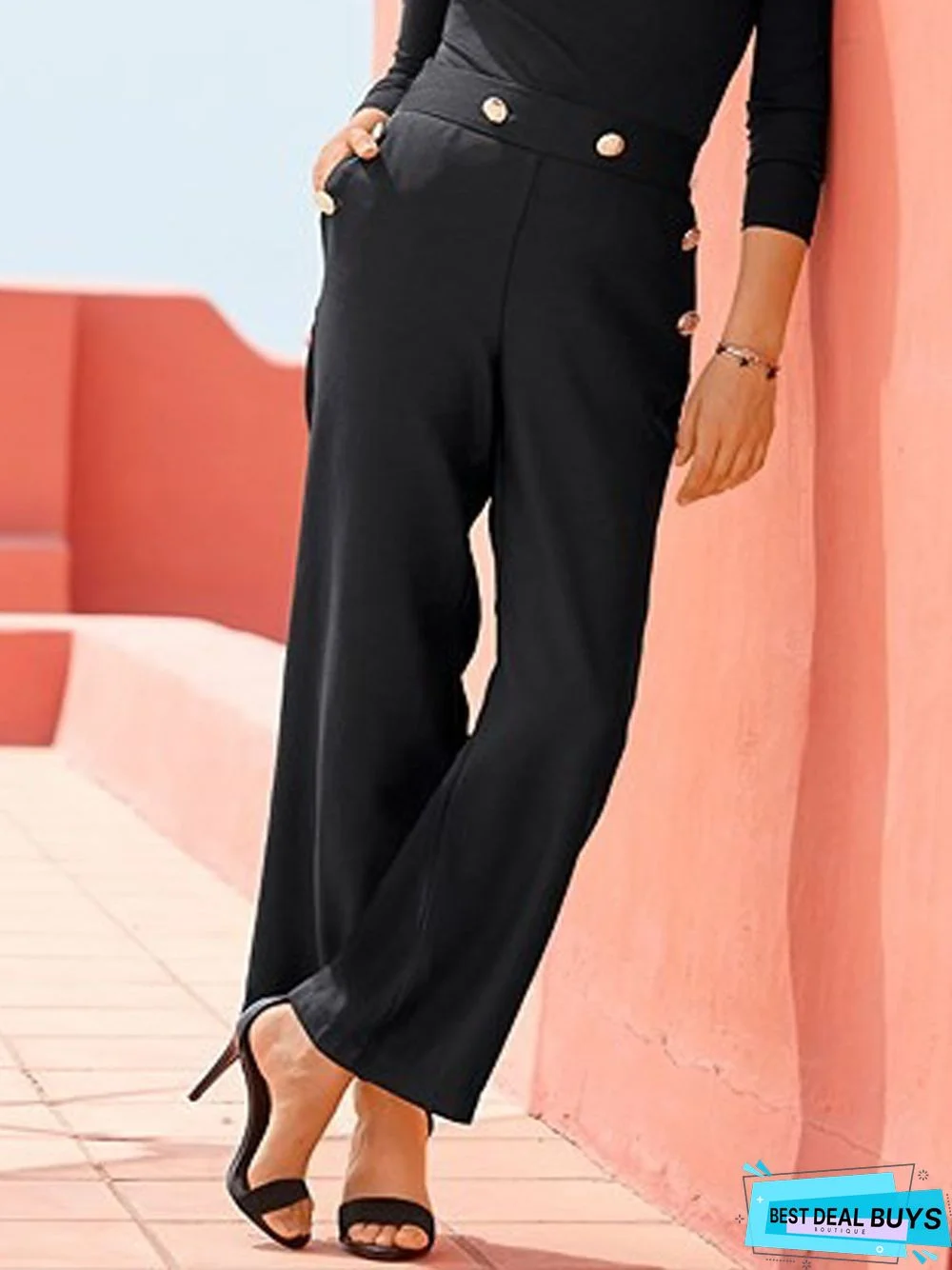 Plain Pockets Casual Buttoned Tailored Pants