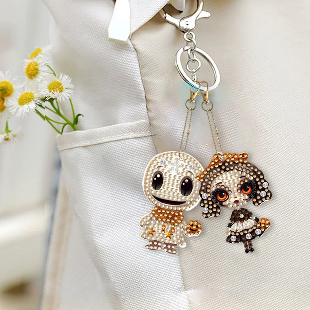6pcs DIY Horror Doll Diamond Art Key Rings Double Sided Keychain Supplies Gift for Kids