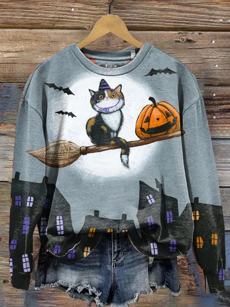 Women's Halloween Cat's Night Crew Neck Loose Long Sleeve T-Shirt Sweatshirt