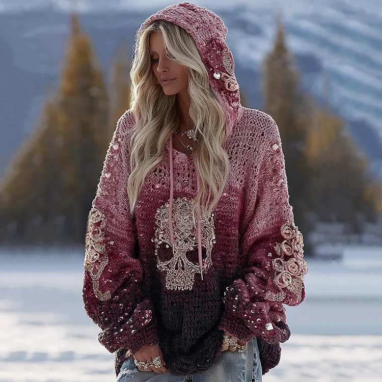 Women's Vintage Skull And Floral Gradient Art Knit Hooded Sweater
