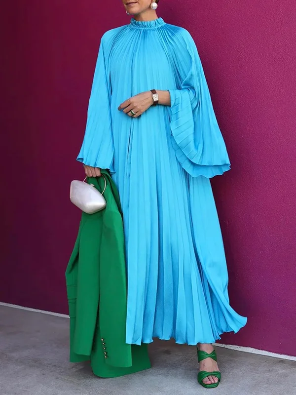 Pleated Solid Color Long Sleeves Loose Stand Collar Maxi Dresses