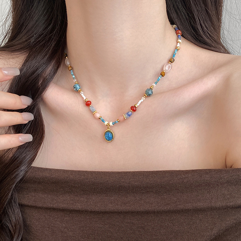 Dopamine stone beaded necklace ethnic style fashionable elegant versatile clavicle chain understated luxury niche necklace for women