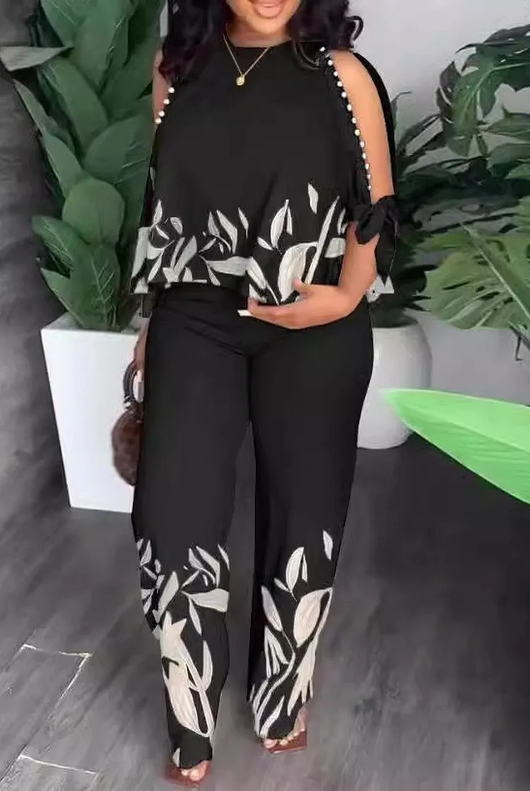 Two Piece Outfit with Beaded Raglan Sleeve Tee and Pants