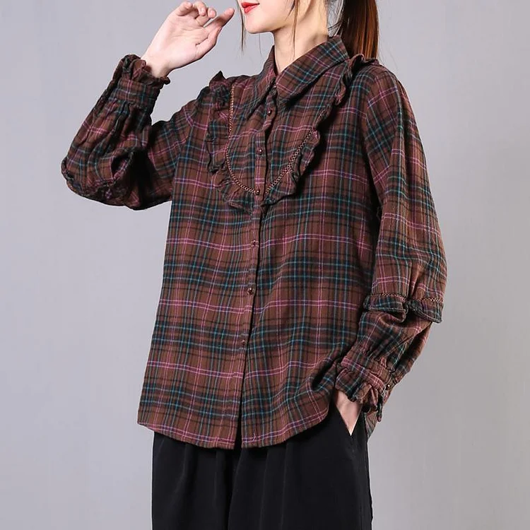 Classy chocolate plaid cotton shirts women lapel Ruffles Art spring tops