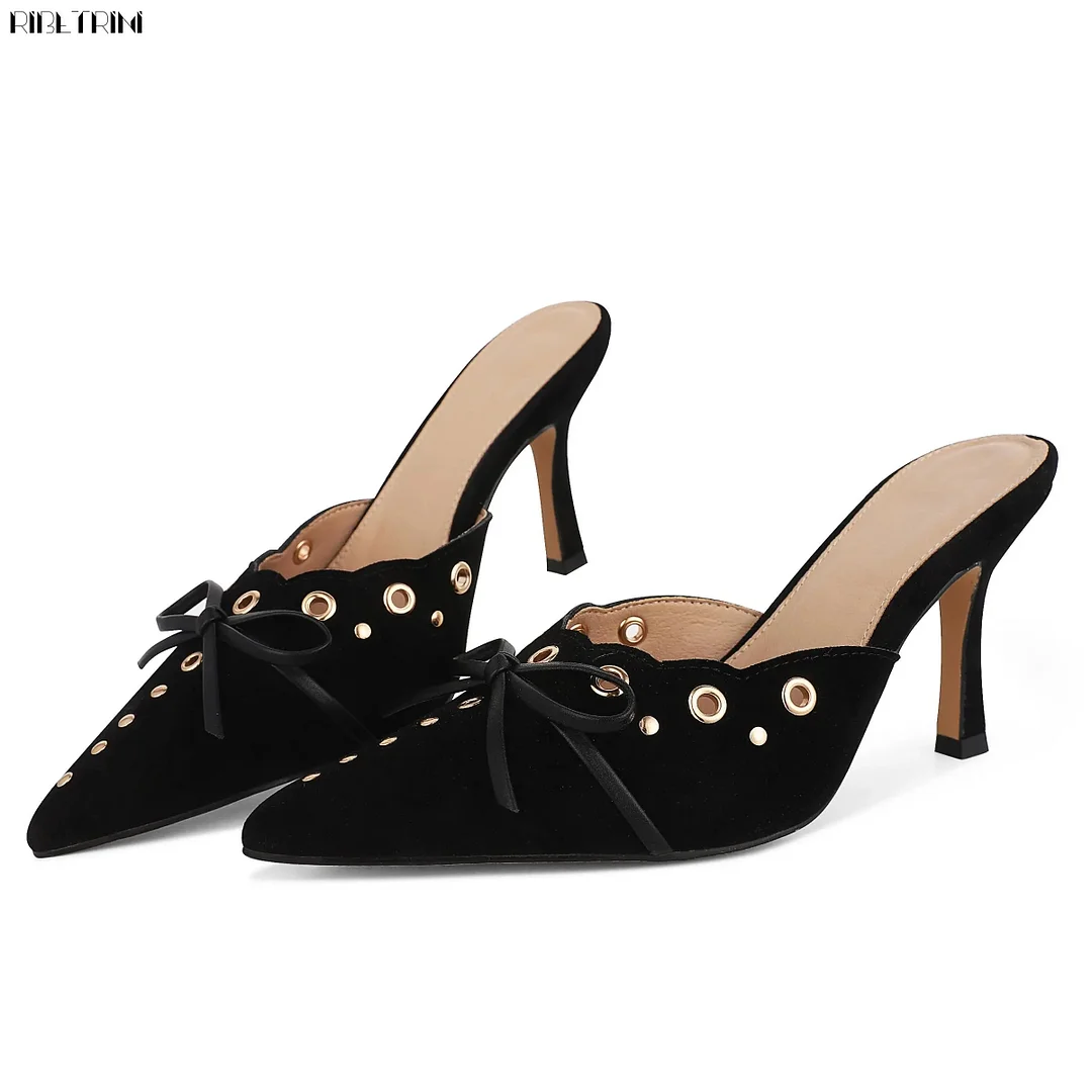 Tanguoant Women Bow Tie Heeled Mules Studs Pumps Pointy Kitten Heel Dress Heels Pointed Toe Dress Trendy Elegant Office Lady Shoes 2024