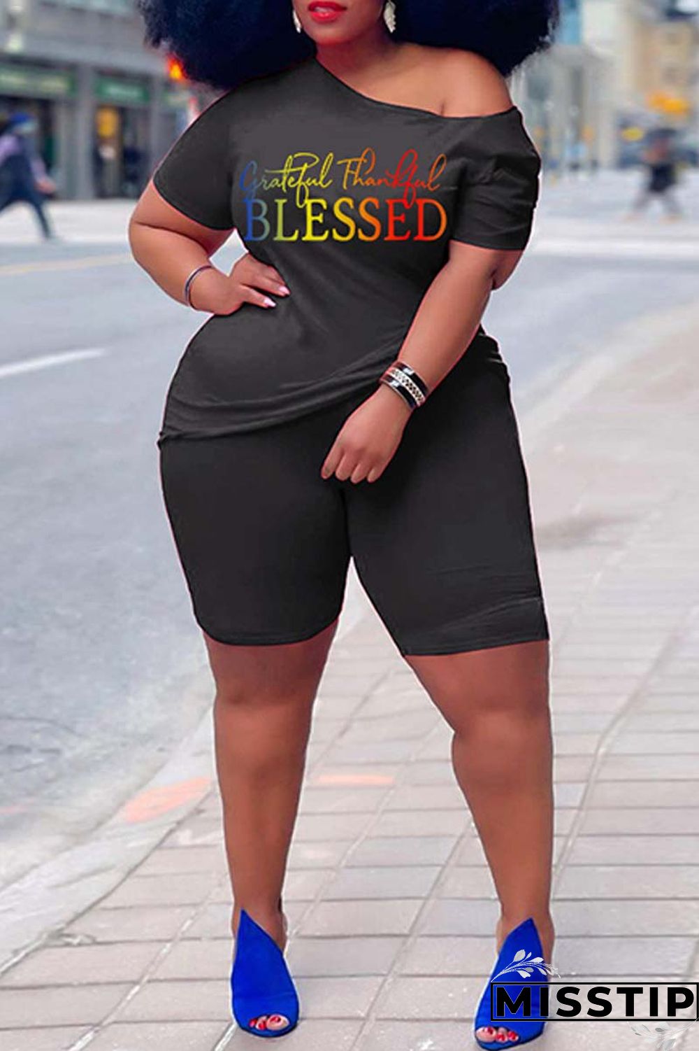 Orange Casual Print Basic Oblique Collar Plus Size Two Pieces