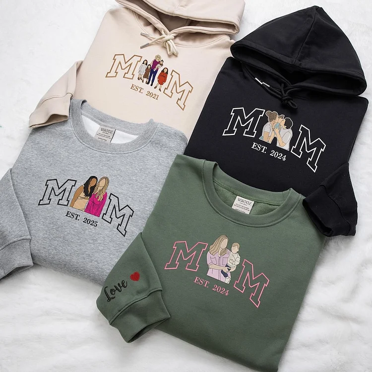 Custom Embroidered Sweatshirt Hoodie Mama and Kids Portrait with Photo - Mother's Day Gifts