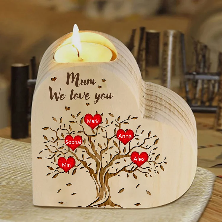 5 Names-Personalized Mum/Nan Family Tree Heart Wooden Candle Holder, Custom Name And Text Family Candlestick for Mother/Grandma