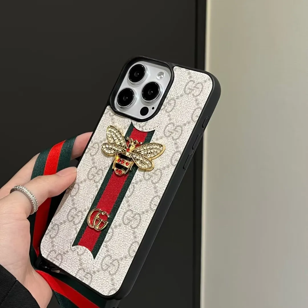 Gucci Ribbon Hand Rope 3D Bee Ophidia GG Apple iPhone16 ~11 Case Samsung Cover