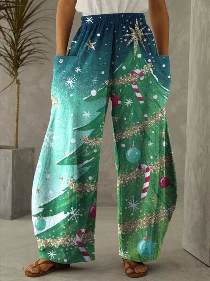 Christmas Green Tree Print Vintage Casual Loose Pants