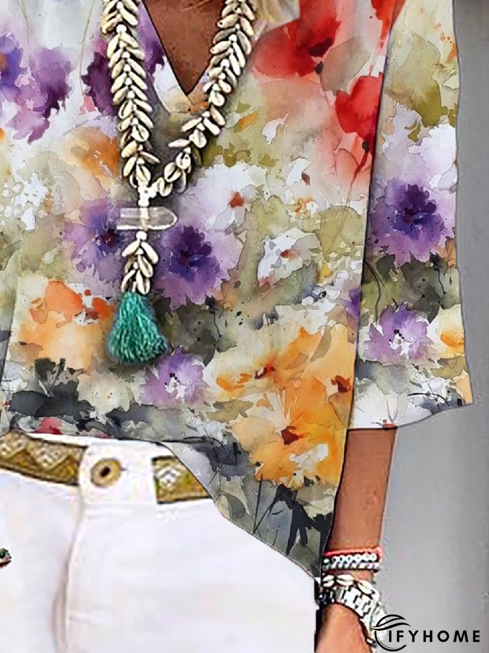Casual Floral Loose V Neck Three Quarter Top | IFYHOME