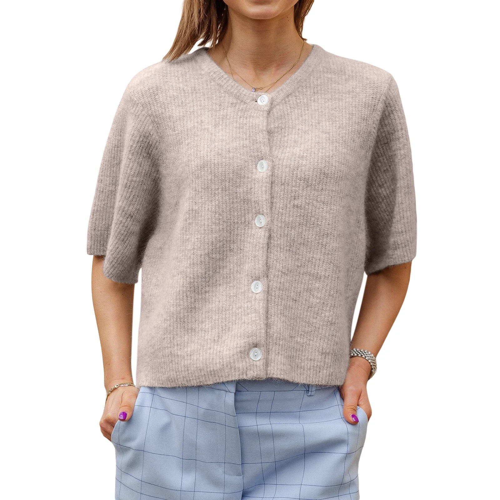 Karastik costumes for adult women Women's Solid Color Cardigan Short Sleeve Round Neck Button Down Sweater Knit Tops